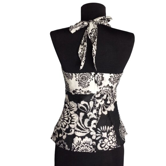 WHBM Size 2 Halter Top Black White Floral Pattern Keyhole Front Tie Back Lined - Picture 3 of 8